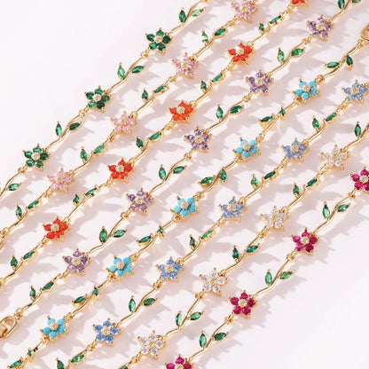 Elegant Multiple Color Flower Charm Zircon Branch Leaf Bracelet Dopamine Niche Sense 18K Gold Plated Women's Bangle Gifts