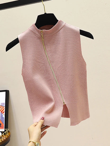 2026 Summer Spring zipper Knit Tank Top Cami Korean Camisole Elastic Vest O Neck Solid Color New Slim Breathable Tops White