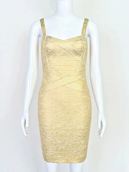 BEAUKEY Gold Silver Bandage Metallized Dress Summer Luxury Spaghetti Strap  Women Party Mini Sexy Maxi Luxury Ladies Dress XL
