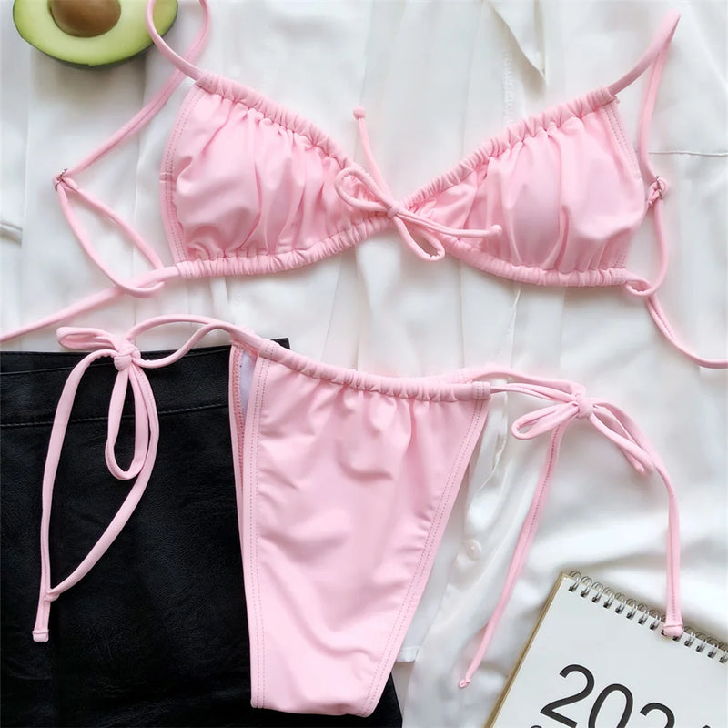 Sexy Sling Bikini Micro String Extreme Swimsuit Pink Bikinis Set Pleated Swimwear Women Bathing Swimming Suit Beach Outfit Tanga