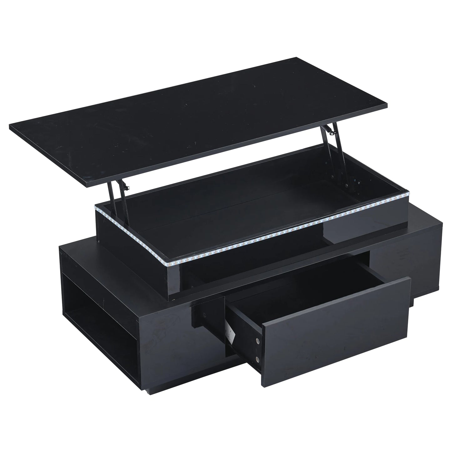 KOMHTOM Black height adjustable coffee table high gloss coffee table with hidden storage, drawer and LED lighting