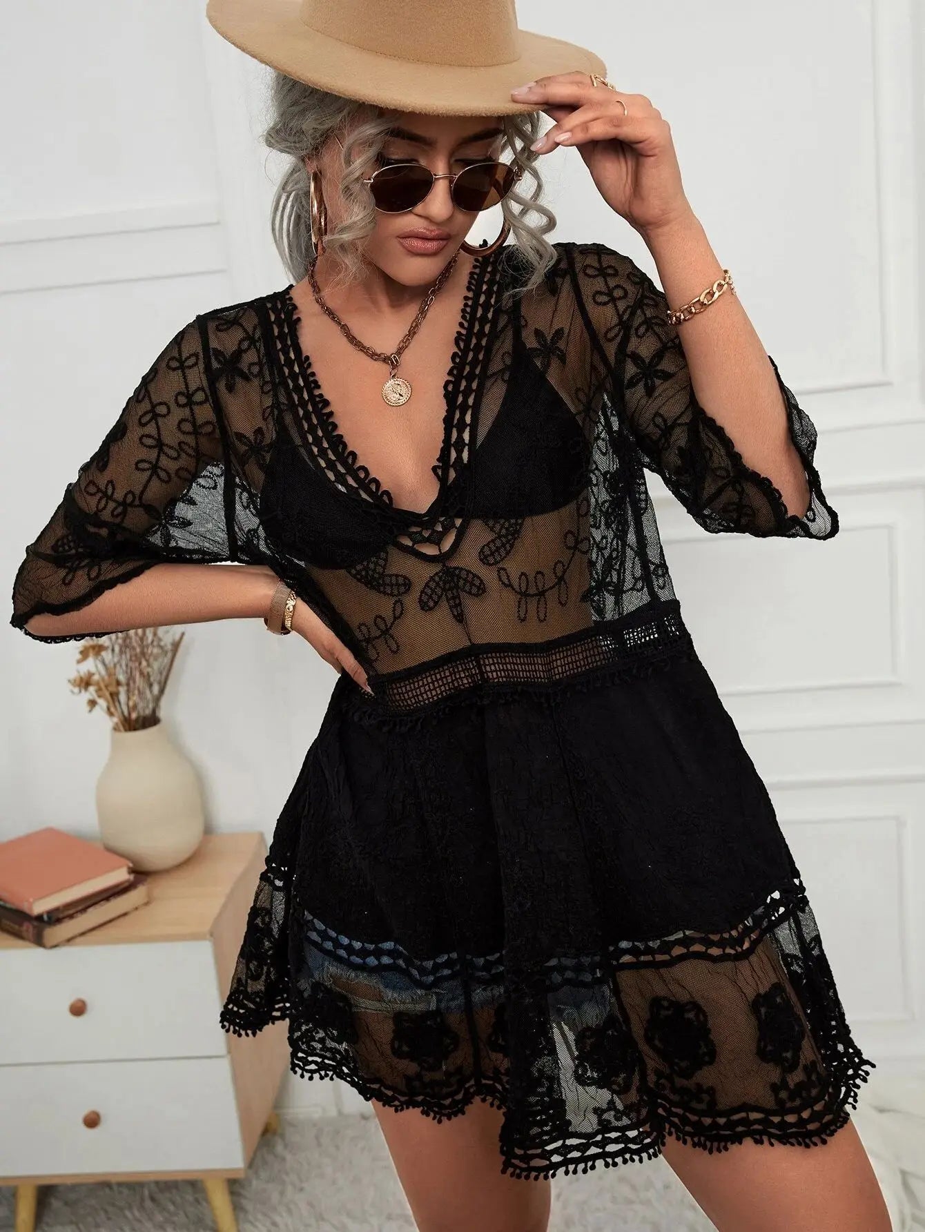 AYUALIN Floral Embroidery Loose Sexy Bikini Tunic Vintage Deep V-neck Boho Lace Cover-Ups Women Summer Mini Robe 2025 Beach Wear