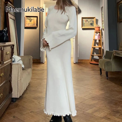 Maemukilabe Y2K Knitted Maxi Dress Vintage Edible Tree Fungus Trim Bodycon Women Autumn Backless Tie Up Long Dress Streetwear