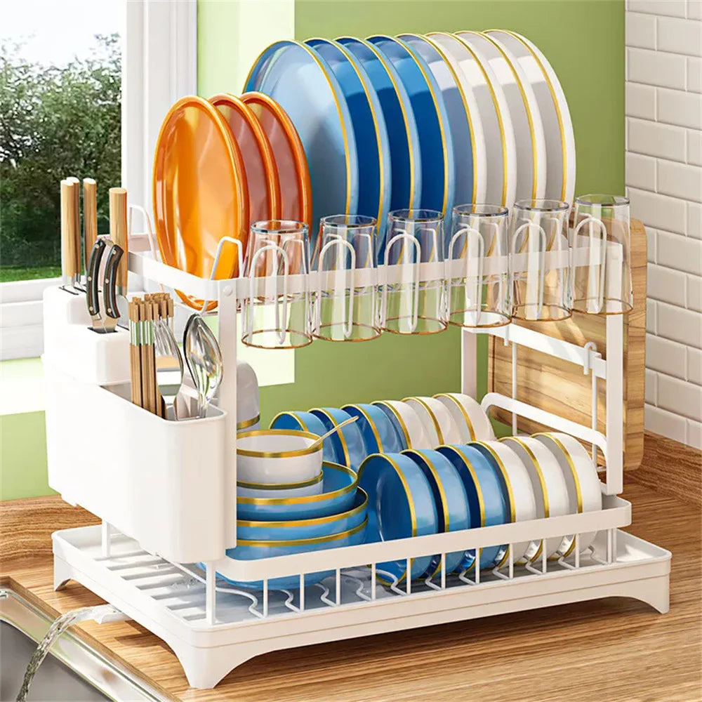 2-Tier Dishs Drying Rack - Rustproof Multifunctional Dish Racks with Drainboard, Space-Saving Design, Utensil & Cup Holder