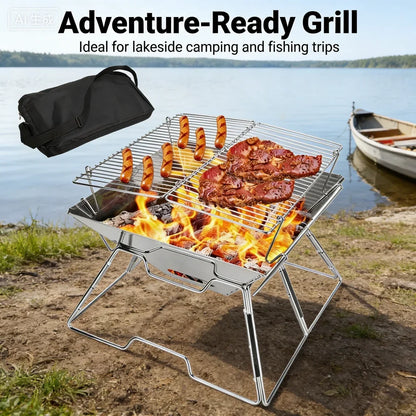 Portable Stainless Steel Foldable BBQ Grill, 1-2 People Charcoal Stove for Camping Picnic & Outdoor