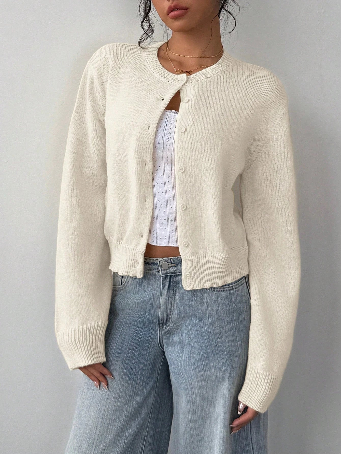 Women's Casual Solid Color Round Neck Long Sleeve Loose Cropped Top Single-breasted Sweater Cardigan Streetwear Autumn/Winter