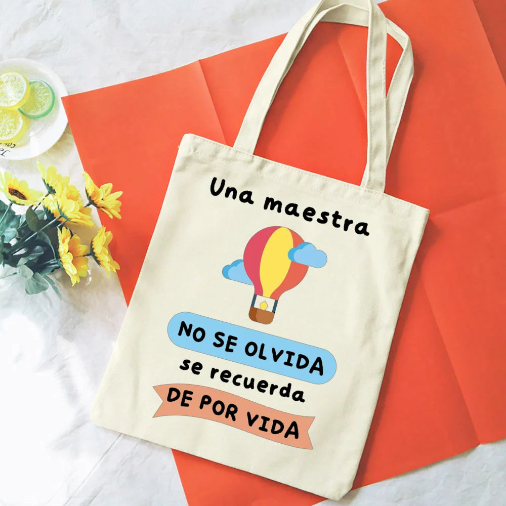 Spanish Printed Women Tote Bag Canvas Shopping Bags Female Travel Shoulder Bag Casual Handbag Graduation Thanks Gift for Teacher