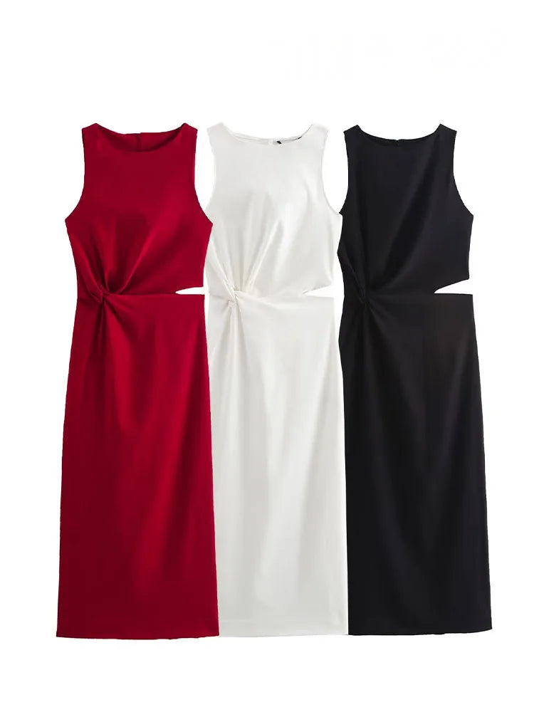 HH Women Summer Crop Waist Opening Folds Design Midi Dress Female Fashion O-Neck Back Zipper Sleeveless 3 Color Slim Dresses