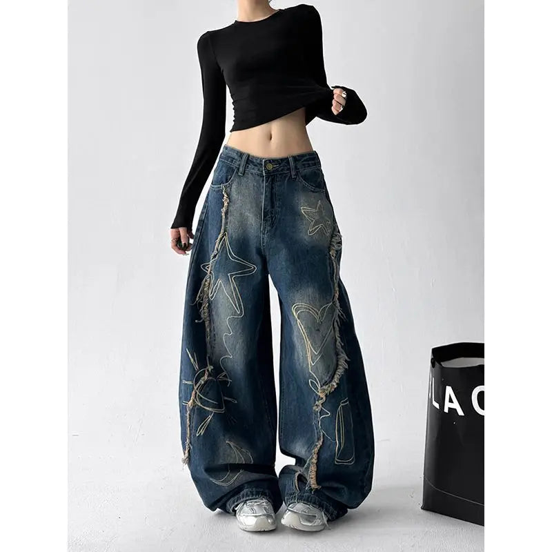 American Washing Embroidery Pattern Printing Machete Jeans Women Y2K New Street Hiphop Handsome Casual Joker Wide-leg Pants