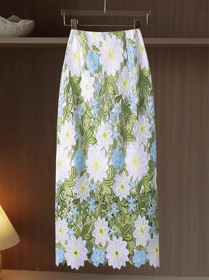 Spring and Summer Crocheted Openwork Lace Bag Hip Skirt Female Long Flower Embroidered Beautiful Skirt Female Skirts for Women
