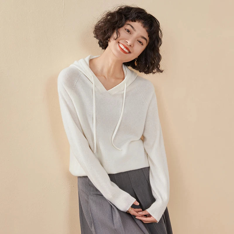 ADDONEE Women Cashmere Hooded Pullover Sweater 100% Cashmere Knitwear Spring Autumn Casual Simple Style Hoodie Clothing Tops