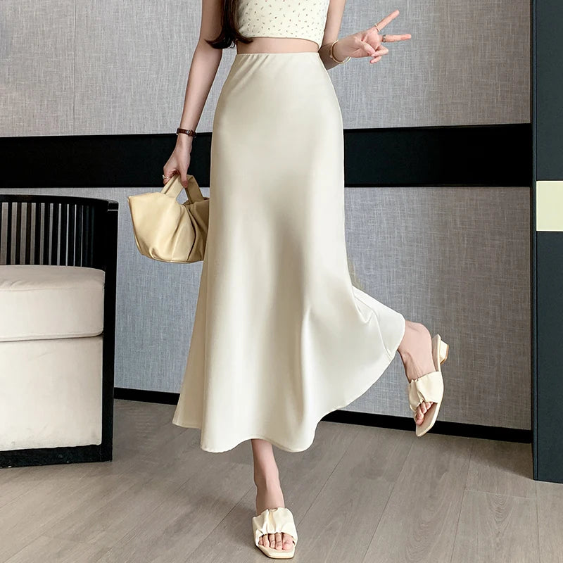 Wine Red Streetwear Summer Satin Trumpet Skirt For Women High Waist Casual Elegant Fashion Long Mermaid Skirts Female