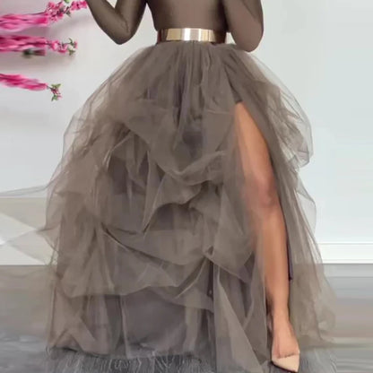 Women's Tulle Maxi Skirt Floor Length Layered High Waist Split Skirt A-Line Puffy Mesh Tutu Skirt for Elegant Lady Wedding Party