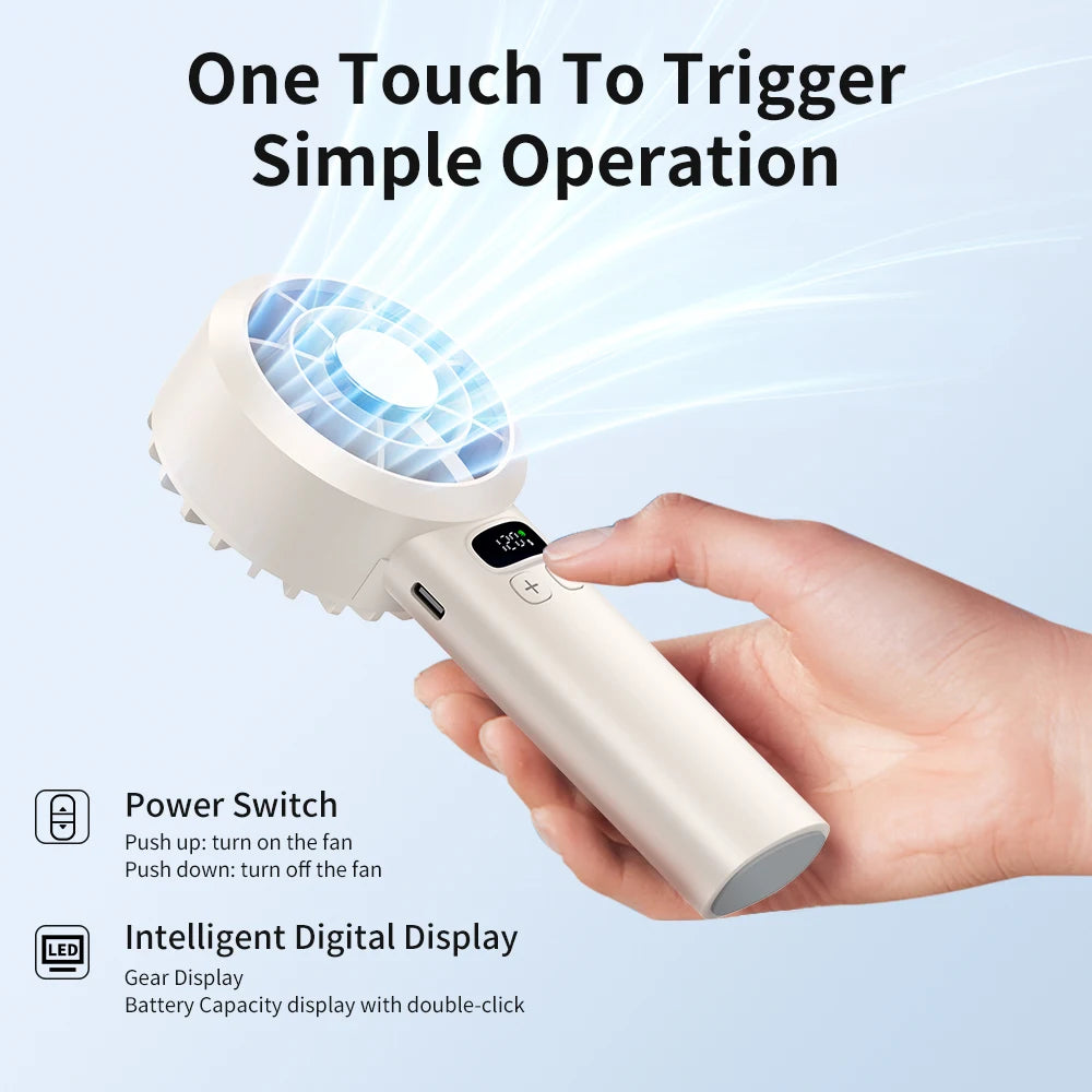 Portable Handheld Fan, 5 Speeds, LED Screen, Rechargeable Battery, Quiet Strong, 2-in-1 Desktop USB Fan for Home Office Travel