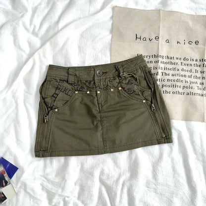 Y2K Fashion Mini Skirt Womens Harajuku Retro Camouflage Graphic Print Army Green Short Skirt Goth Multi Pockets Low Waist Shorts