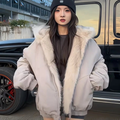 winter new American retro wool collar thickened cotton jacket for men and women same style workwear fashion zipper hoodie jacket
