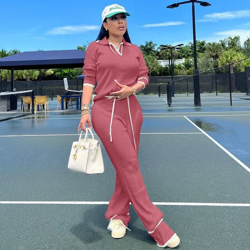 Active Wear Knitted Casual Tracksuit for Women Two Piece Set Sporty Fitness Striped Sweater Top and Wide Leg Pants Jogging Femme