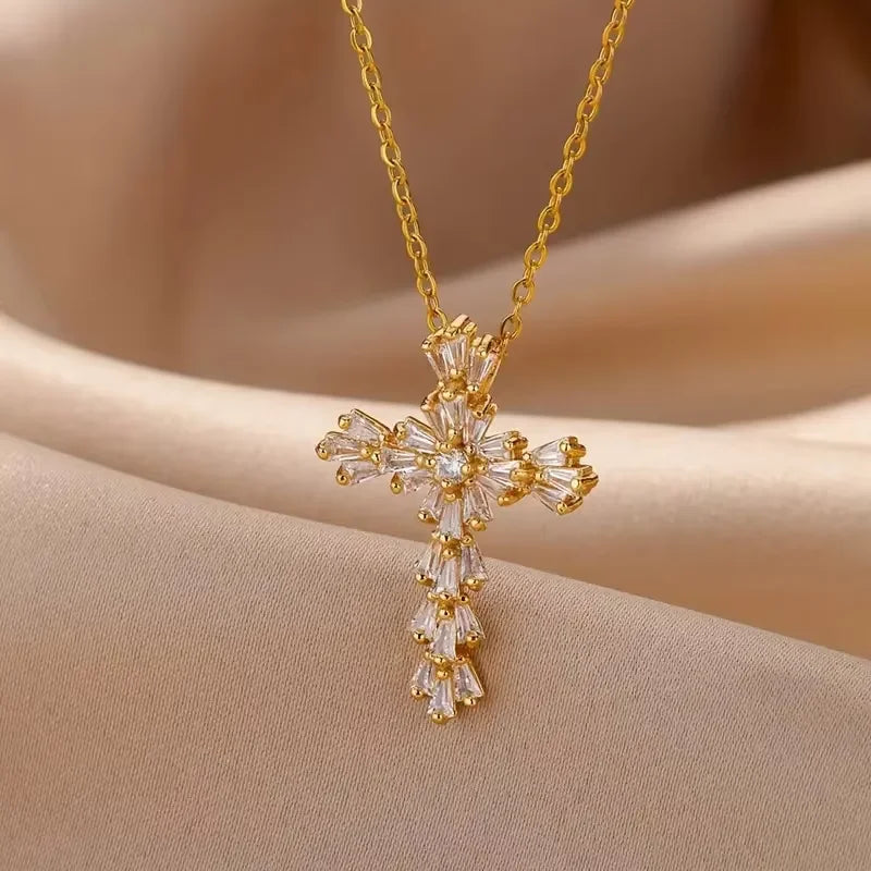 Lucky Cross CZ Cubic Zircon Necklace For Women Gold Color Stainless Steel Waterproof And Tarnish Resistant Jewelry Ramadan Gift