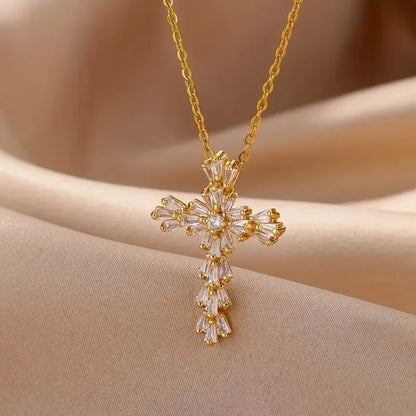 Lucky Cross CZ Cubic Zircon Necklace For Women Gold Color Stainless Steel Waterproof And Tarnish Resistant Jewelry Ramadan Gift