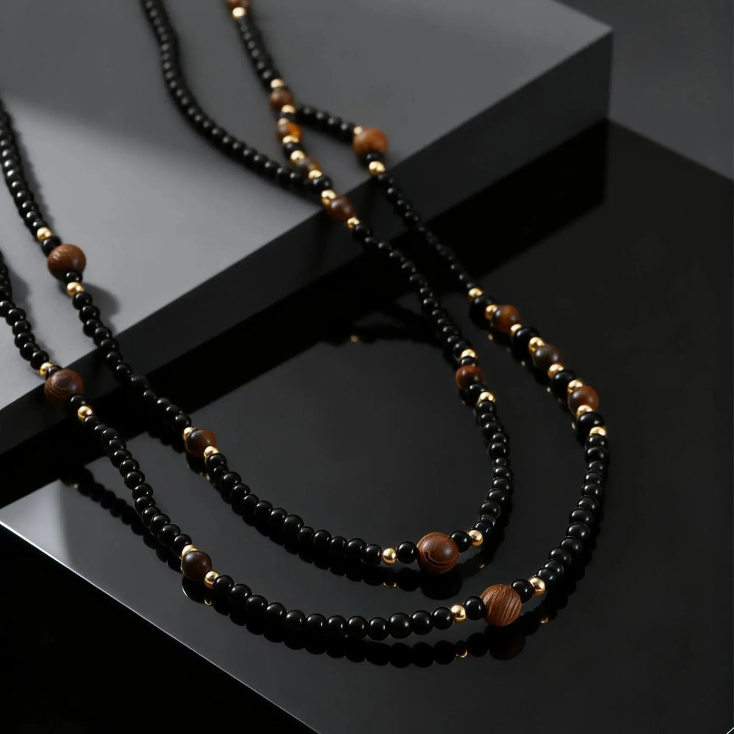 Black Agate Natural Stone Tiger Eye Beads Chain Necklace for Men, Retro Long Sweater Chain Necklace, Fashion Boho Jewelry Gift