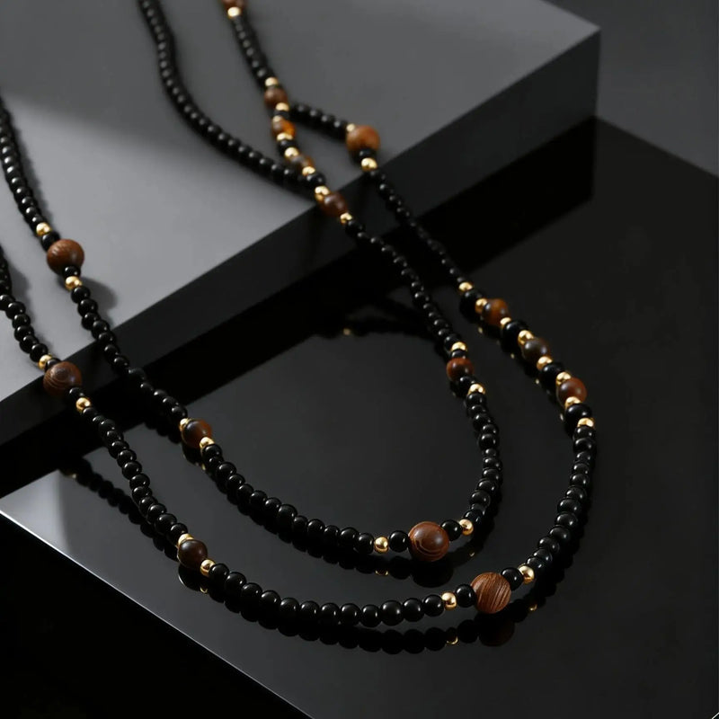 Black Agate Natural Stone Tiger Eye Beads Chain Necklace for Men, Retro Long Sweater Chain Necklace, Fashion Boho Jewelry Gift