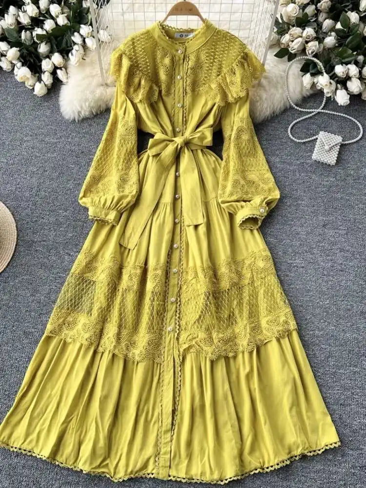 LGRQ For Women's Lace-up Single Breasted Lace Dress Fashion Hollow Out Bead Button Round Neck Dresses 2025 Autumn New Clothing