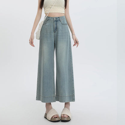 New 2025 Summer Jeans For Women Wide Leg Loose Denim Ankle-Length Pants Korean Fashion Streetwear Washed Blue Color Jeans Woman