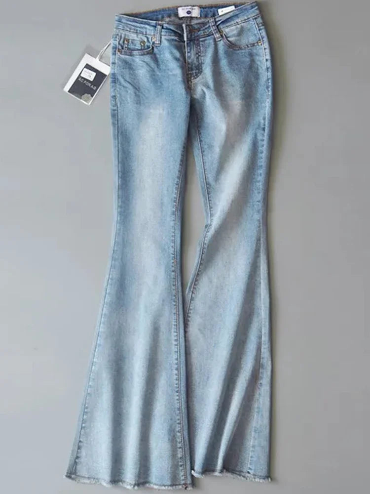 TARUXY Retro Low Waist Blue Jeans For Women 2025 Bodycon Flared Pants Ladies Basic Slim Fit Summer Street Casual Jeans Woman