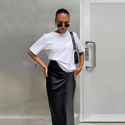 Elegant Satin Black Trumpet Skirts Fashion Slim High Waist Skirts Women Female 2024 Solid Office Long Skirt Spring Summer