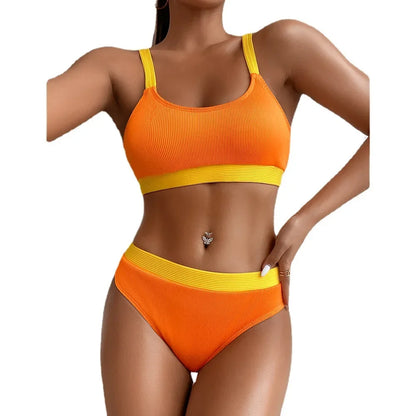 Custom LOGO women's clothing new special fabric threaded pit strip bikini color matching split swimsuit explosion
