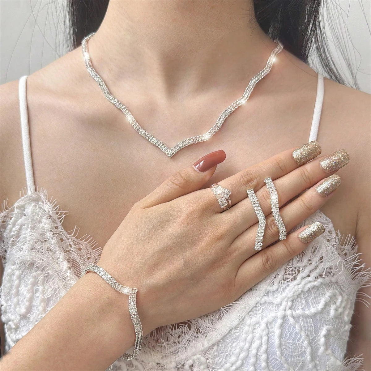 Fashion Shining Necklace Earrings Rings Bracelet Set Jewelry Luxury Banquet Party Jewelry Four Piece Set Jewelry Accessories