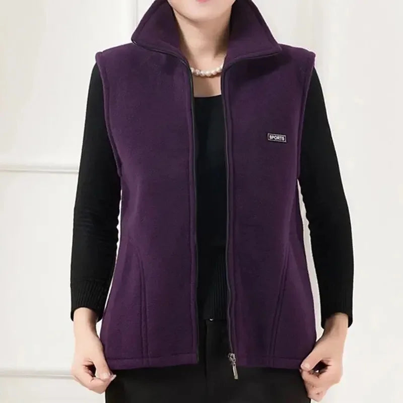 Autumn Winter Women Fashion Stand Up Polar Fleece Vest For Women's Solid Warm Lady Sleeveless Jacket