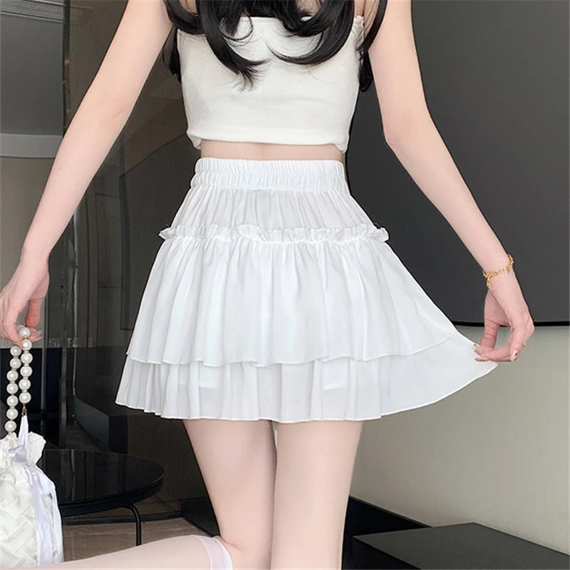 Summer Kawaii Elastic High Waist Black White Ruflles Skirt Women Fashion Slim Fit Chiffon Mini Skirts Giris Y2k All Match Faldas