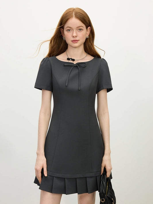 FSLE Women Summer Short Dress Patchwork Pleated Design Short Sleeve Mini Dress Solid Sweet Style Female Dress 25FS12062