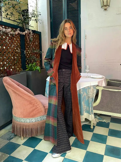 Woolen Plaid Long Coat Women Turn-down Collar Loose Long Sleeve Button Elegant Outwear Female Thicken 2025 Spring Street Jacket