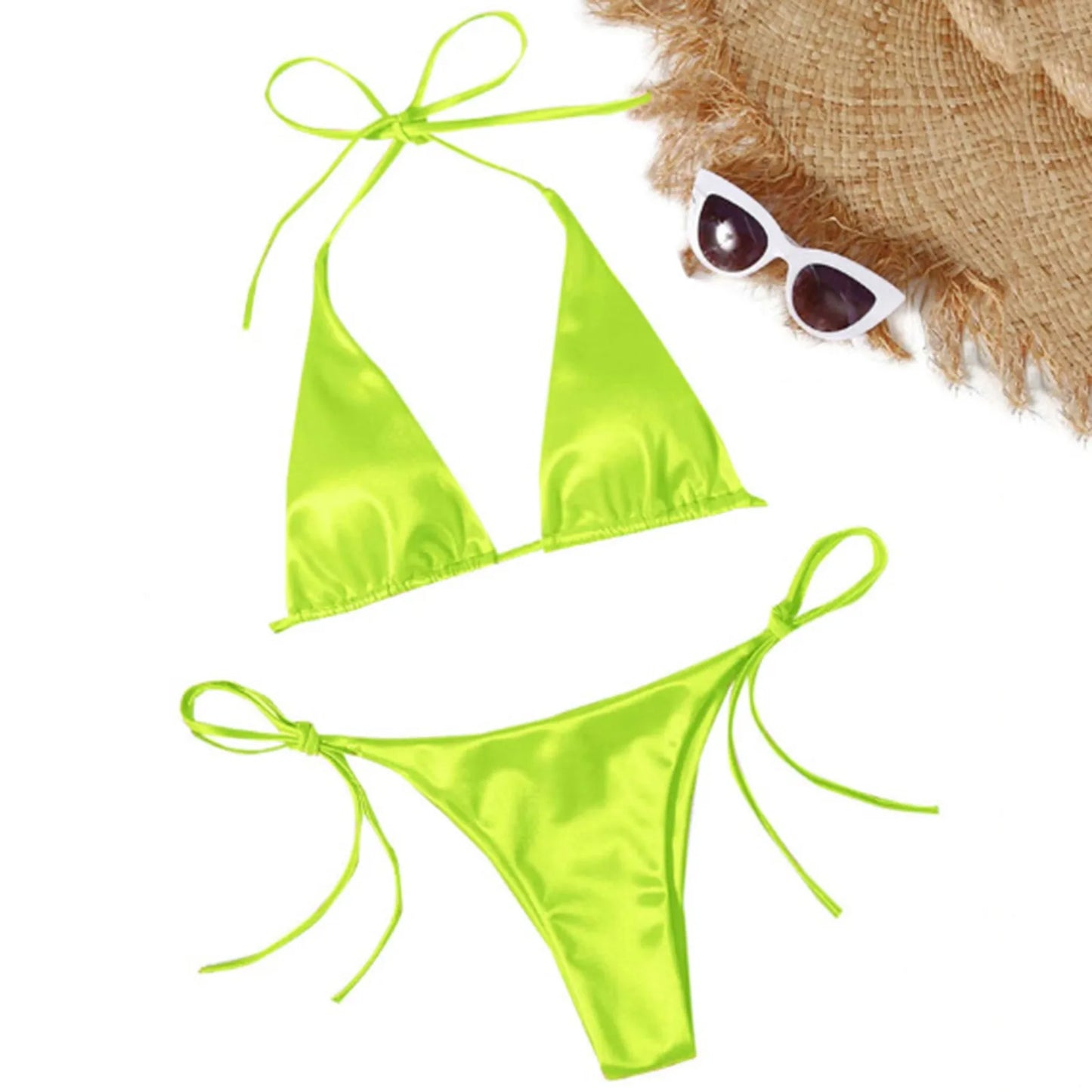 Brazilian Bikini Set Women Halter Neck Triangle Cup Swimwear Low Waist Satin Bandage Bikini Swimwear Summer Beach Bathing Suit