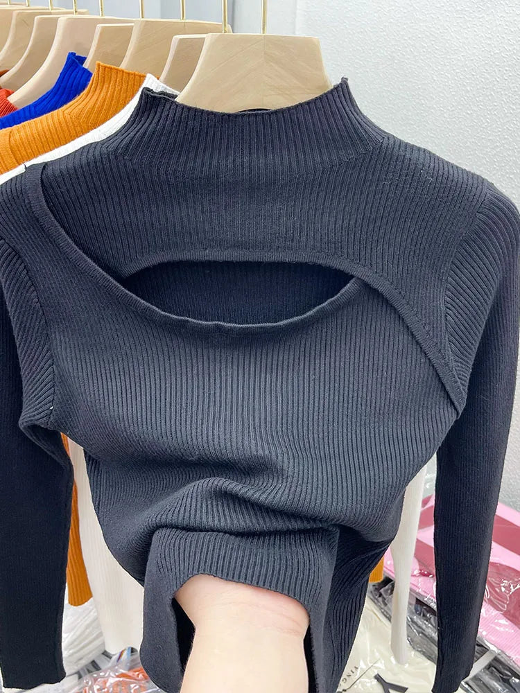 2025 Autumn Winter Sexy Hollow Out Women Sweaters Tops Slim Vintage Jumper Soft Warm Pull Female Casual Pullover Knitted Sweater