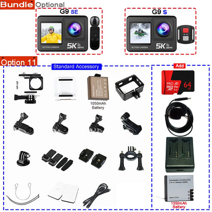 Action Camera 5K 4K60FPS 50MP 2.0 Touch EIS Pre-Record Wireless Mic Wi-Fi 170D DVR Webcam Waterproof 30M 5X Zoom Sports Camera