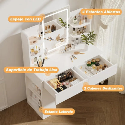 Makeup Dressing Table with Mirror and Led Dimmable Light, Makeup Vanity with 2 Drawers and 4 Shelves, Bottom Shelf, Desk Table,