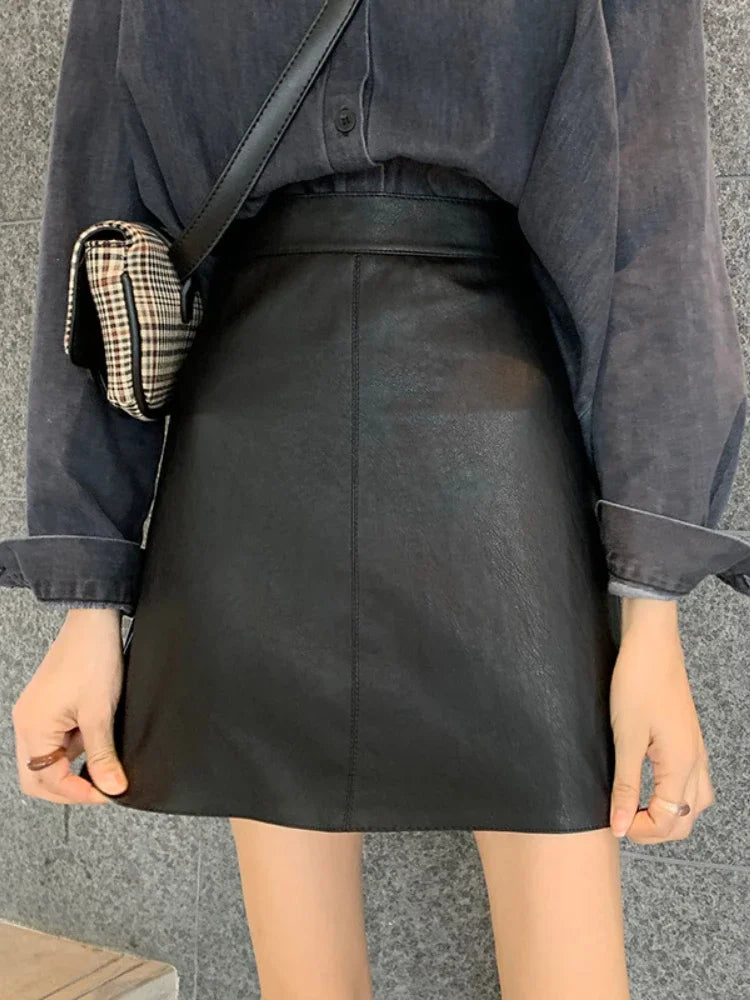 PU Skirt Women A Line Streetwear Patent Leather Black Pink Blue Casual Faldas Mujer Moda Sute Sweet Kawaii Saia