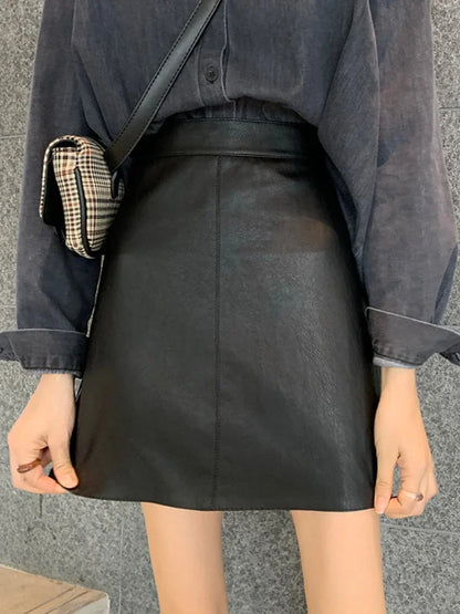 PU Skirt Women A Line Streetwear Patent Leather Black Pink Blue Casual Faldas Mujer Moda Sute Sweet Kawaii Saia