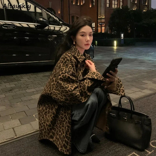Leopard Jackets for Women Autumn Chic Loose High Street Vintage Single Breasted All-match Baggy College Cool Coats Streetwear BF