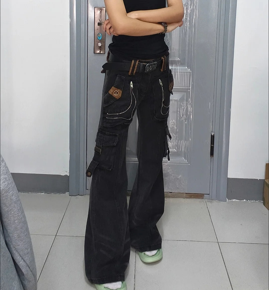 Women Korean Fashion Chic Jeans Grunge Japanese Harajuku Gyaru Y2K Denim Cargo Pants Cyber Punk Hip-pop 2000s Aesthetic Tomboy