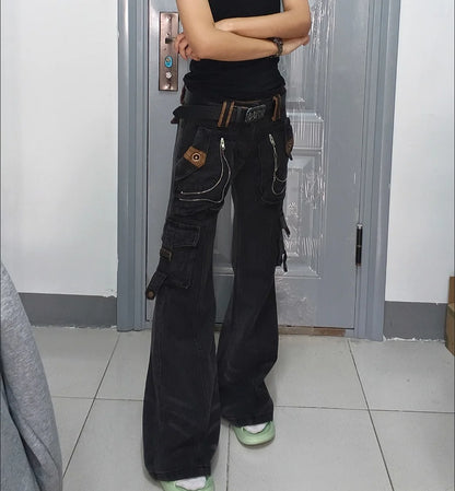 Women Korean Fashion Chic Jeans Grunge Japanese Harajuku Gyaru Y2K Denim Cargo Pants Cyber Punk Hip-pop 2000s Aesthetic Tomboy