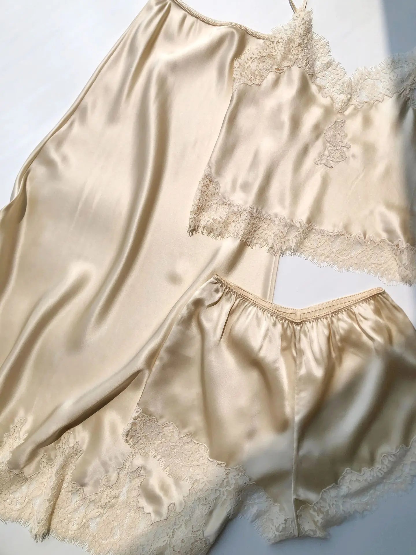 Women 100%Silk Lace Patchwork Set V-Neck Sleeveless Camisole + High Waist Shorts + Straight Long Skirt Sexy Ladies Suits