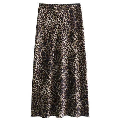 HXAO Woman Bow Leopard Print Skirts Women's Skirt Summer Satin Long Skirt High Waist Vintage Smooth Skirts Luxury Elegant Skirts