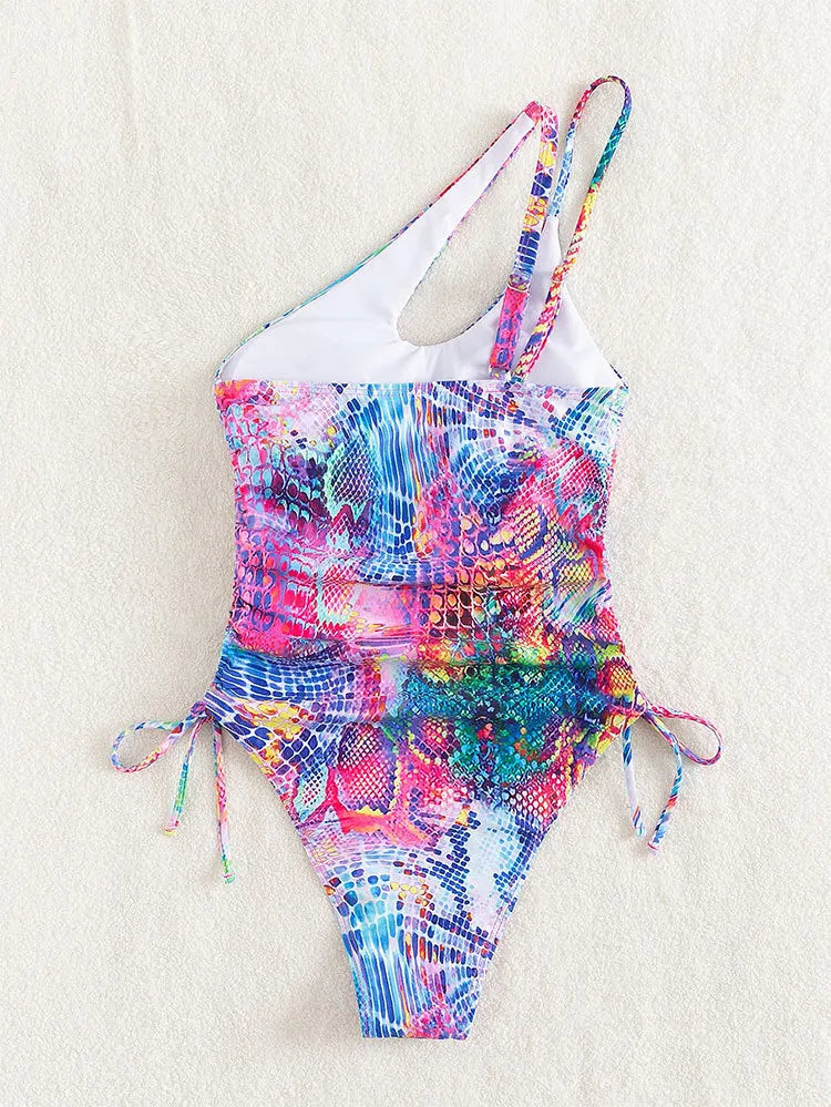 Women's Colorful Printed One-Shoulder Side Drawstring Swimsuit, Beach Bikini, New