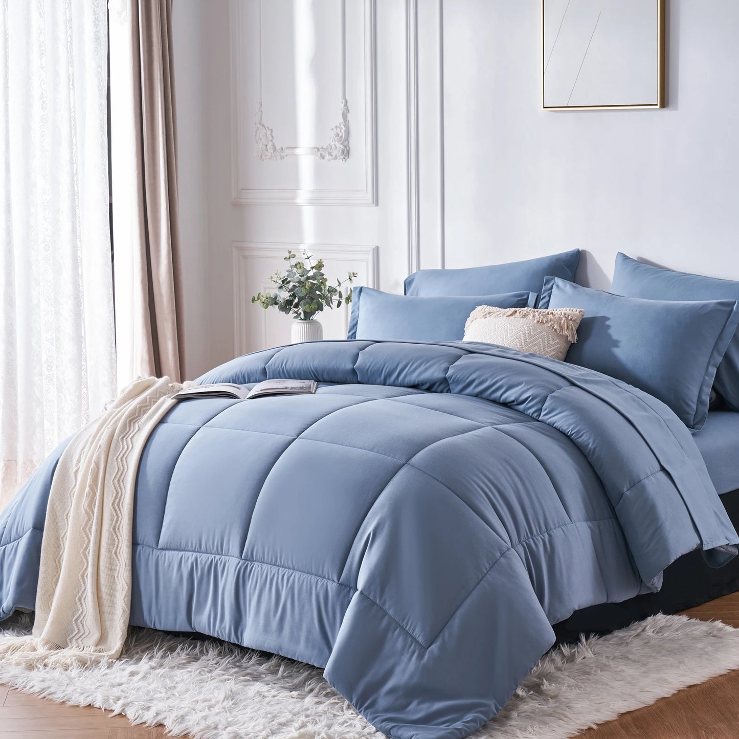7 Piece Bed In A Bag Comforter Set Queen, Stylish solid geometry   Comforter And Sheet,Pillowcase Set, ideal gift
