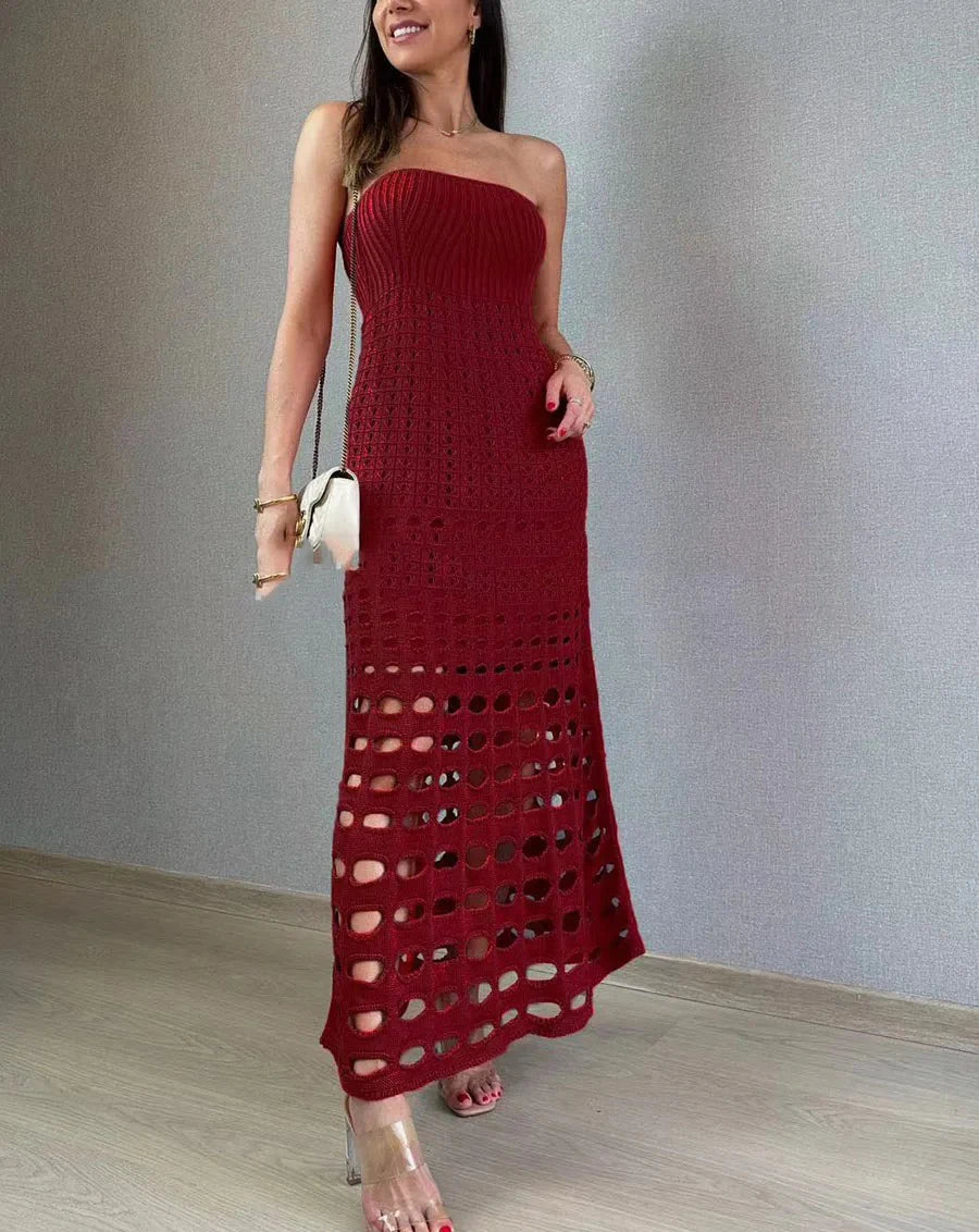 2024 Summer Hollow Out Bandeau Dress Sexy Women Bikini Cover-ups See Through Maxi Dress Lady Solid Swimsuit Beach Party Dress