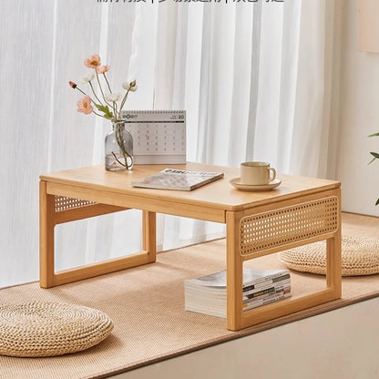 Modern Rattan Bed Desk with Storage Low Style Window Seat Study Multifunctional Sofa Stand for Laptop Coffee Table